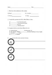 English worksheet: time, nationalities and the form of verb to be quiz