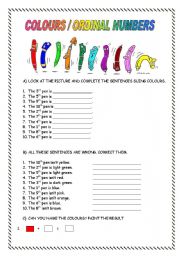 English Worksheet: COLOURS/ ORDINAL NUMBERS