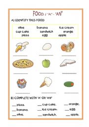 English Worksheet: FOOD / INDEFINITE ARTICLE