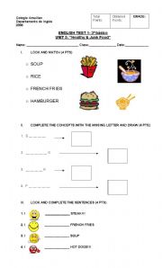 English Worksheet: test on healthy and junk food, likes and dislikes