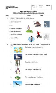 English Worksheet: TEST ON MODAL VERB: CAN