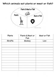 English worksheet: WHICH ANIMAL EATS PLANTS MEAT OR FISH?