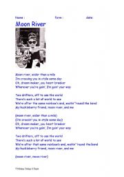 English worksheet: song MOONRIVER lyrics