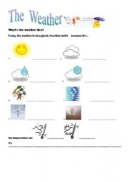 English Worksheet: the weather, pictures and exercise