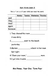 English worksheet: sight words activities