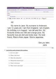 English Worksheet: Reading an e-mail and answering questions about it.