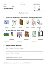 English worksheet: test on different objects in the house & prepositions