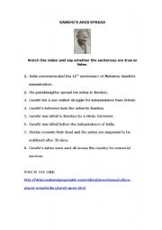 English Worksheet: VIDEO WORKSHEET: GANDHI ASHES SPREAD