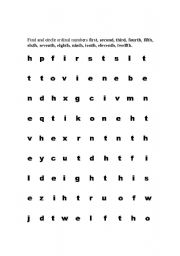 English Worksheet: Ordinal Numbers Wordsearch