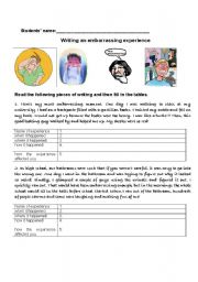 English Worksheet: Writing about ones embarrassing experience- part 1.