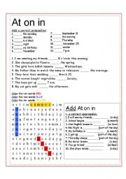 English Worksheet: Time Prepositions : At - On - In