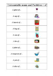 English Worksheet: Uncountable and countable nouns and partitives to go with them