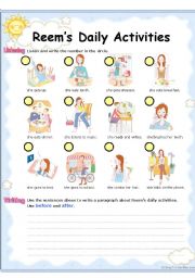 English Worksheet: Reems Daily Activities (4 skills - literacy practice  in 2 pages)