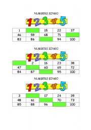 English Worksheet: NUMBERS BINGO 1-100