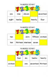 English Worksheet: NUMBERS BINGO -20