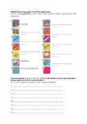 English worksheet: school things and colours