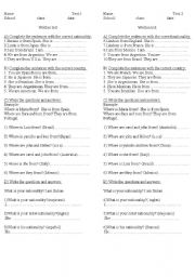 English Worksheet: verb to be test and  personal questions