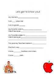 English worksheet: Lets get to know you!