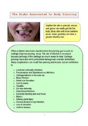 English Worksheet: Types of Body Piercing and Its Risks