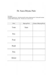 English worksheet: Rhyme with Dr. Seuss