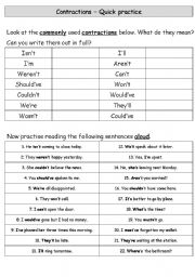 English Worksheet: Contractions - A Quick Review and Pronunciation Practice