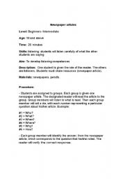 English worksheet: newspaper articles