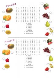 English Worksheet: Fruits word search 