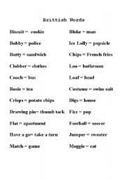 English Worksheet: Brittish Words and Their Meaning in Canada/USA