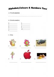 English worksheet: Alphabet, Colours & Numbers Test