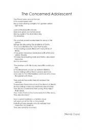 English Worksheet: Poem THE CONCERNED ADOLESCENT (Wendy Cope)