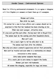 English Worksheet: Gender Issues - Controversial Opinions