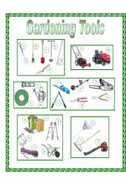 English Worksheet: Garden Tools Picture Dictionary (full pg-color)