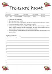 English Worksheet: Treasure Hunt (giving directions speaking and writing practice)