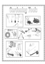 English Worksheet: Garden Tools Picture Dictionary (full pg-grayscale)