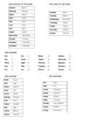 English Worksheet: Days, Months, Numbers, Colours, Weather