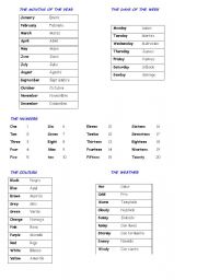 English worksheet: Days, Months, Numbers, Colours, Weather