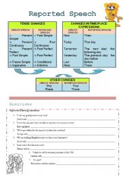 English Worksheet: REPORTED SPEECH tense changes + exercises