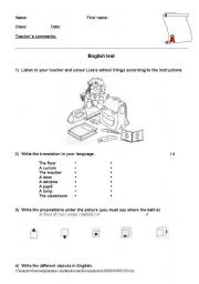 English worksheet: Test on your classroom