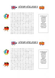 English Worksheet: Wordsearch on nationalities