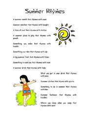 English worksheet: summer rhymes