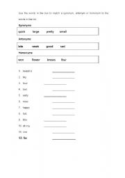 English Worksheet: Antonyms, Synonyms and Homonyms - Revision