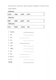 English worksheet: Antonyms, Synonyms and Homonyms - Revision