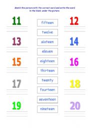 Numbers 11-20 - ESL worksheet by becia