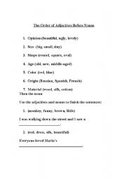 English worksheet: The Order of Adjectives Before Nouns