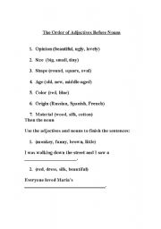 English Worksheet: The Order of Adjectives Before Nouns