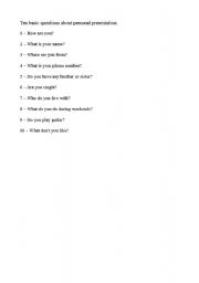 English worksheet: 10 presentation questions