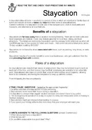 English Worksheet: STAYCATION - vacation at home 2 pages