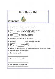 English Worksheet: Do or Does or Did