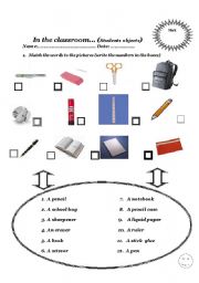 English Worksheet:  my objects classroom
