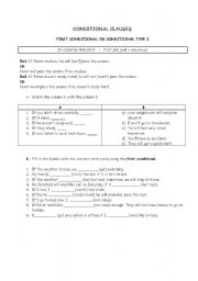 English worksheet: Conditional clauses 1and 2 with grammar suumary